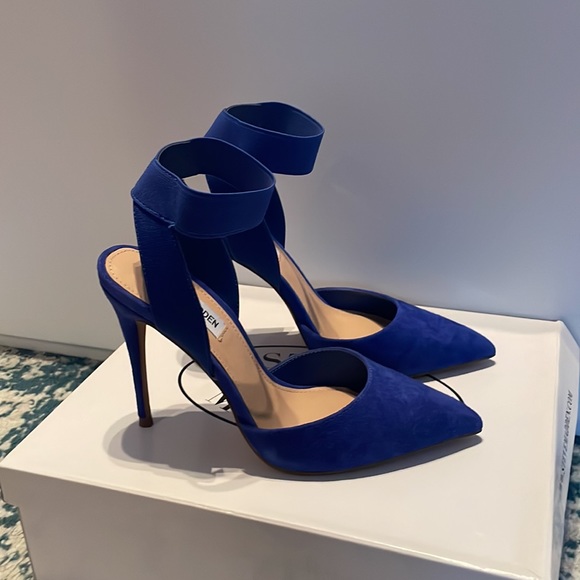 Steven Madden-Dion-size 7- blue suede high heel sandal-closed toe-elastic ankle - Picture 3 of 5